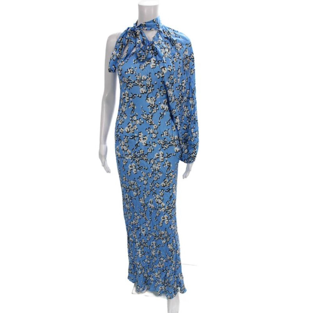 Designer Women Maxi Dress Blue Floral Silk One Shoulder Long Sleeve Size S